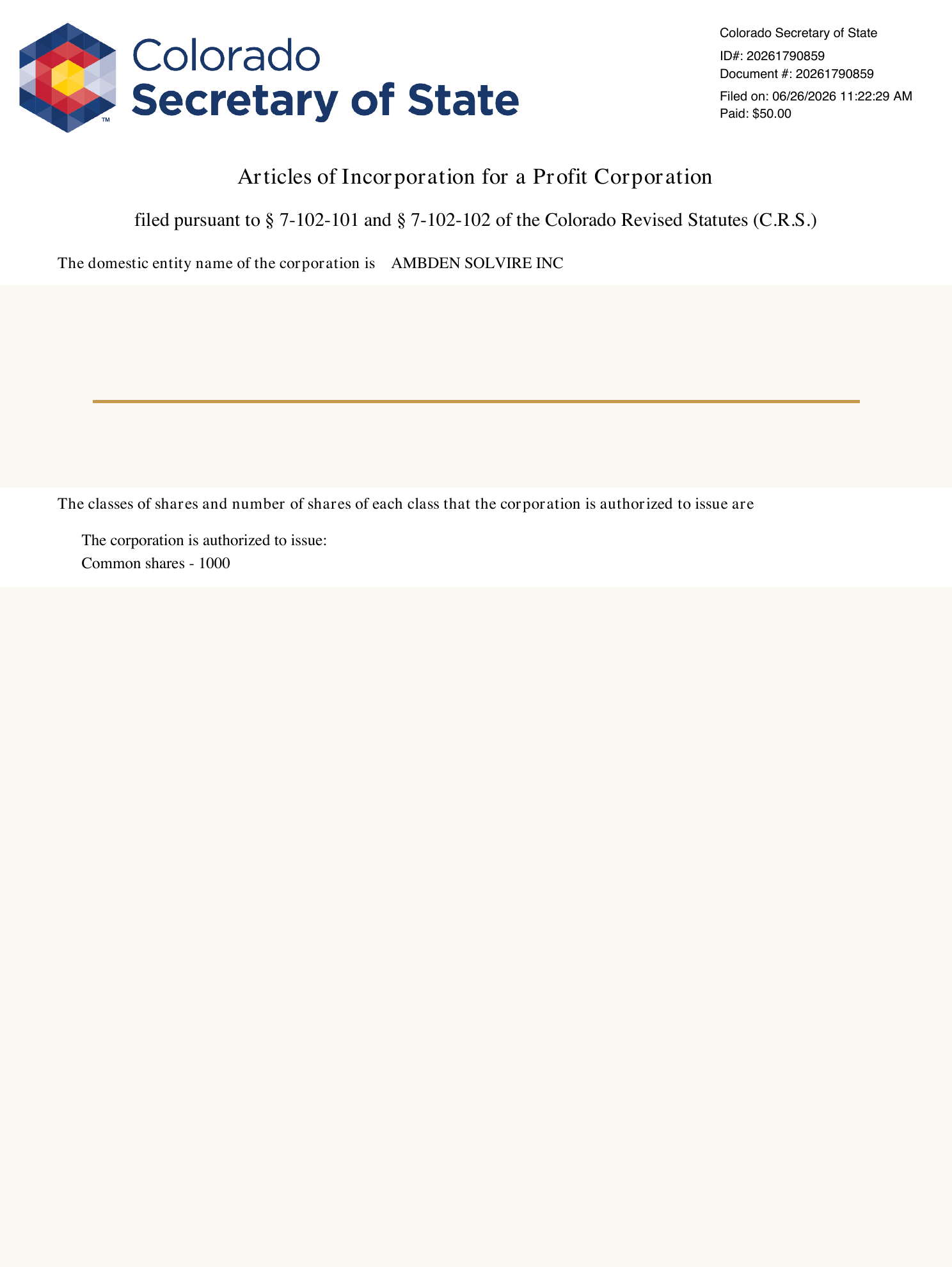 Redacted Articles of Incorporation extract for AMBDEN SOLVIRE INC