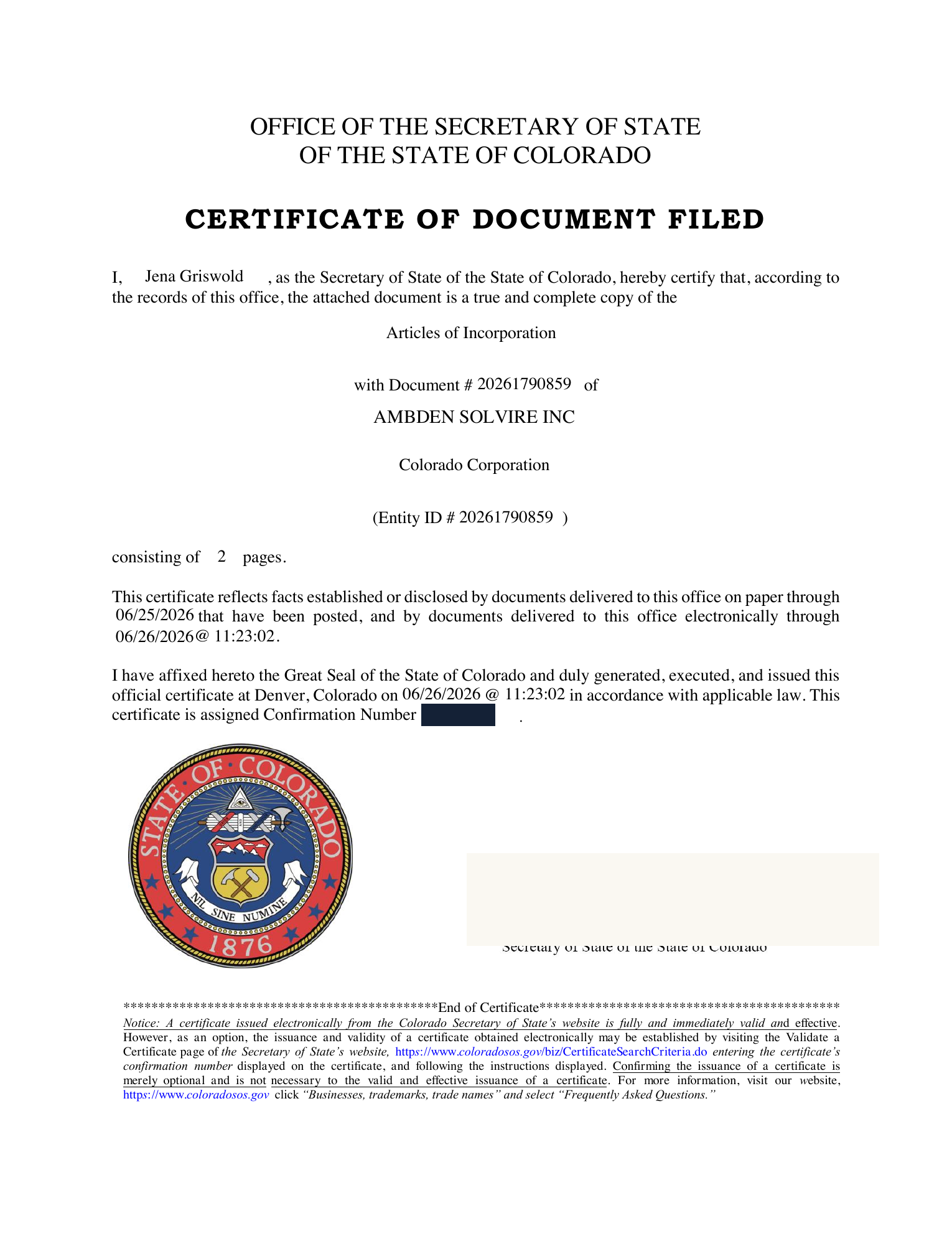 Redacted Certificate of Document Filed for AMBDEN SOLVIRE INC