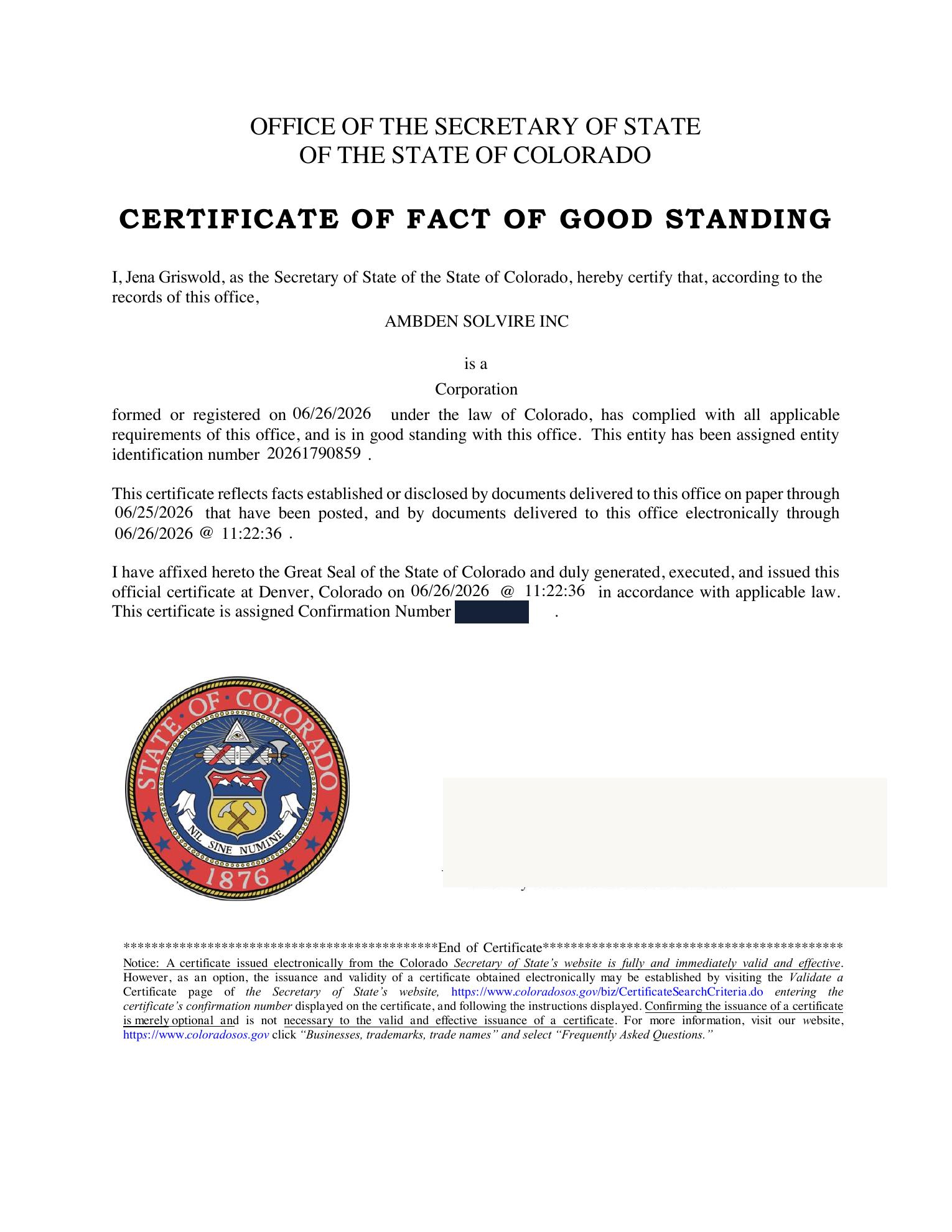 Redacted Certificate of Good Standing for AMBDEN SOLVIRE INC